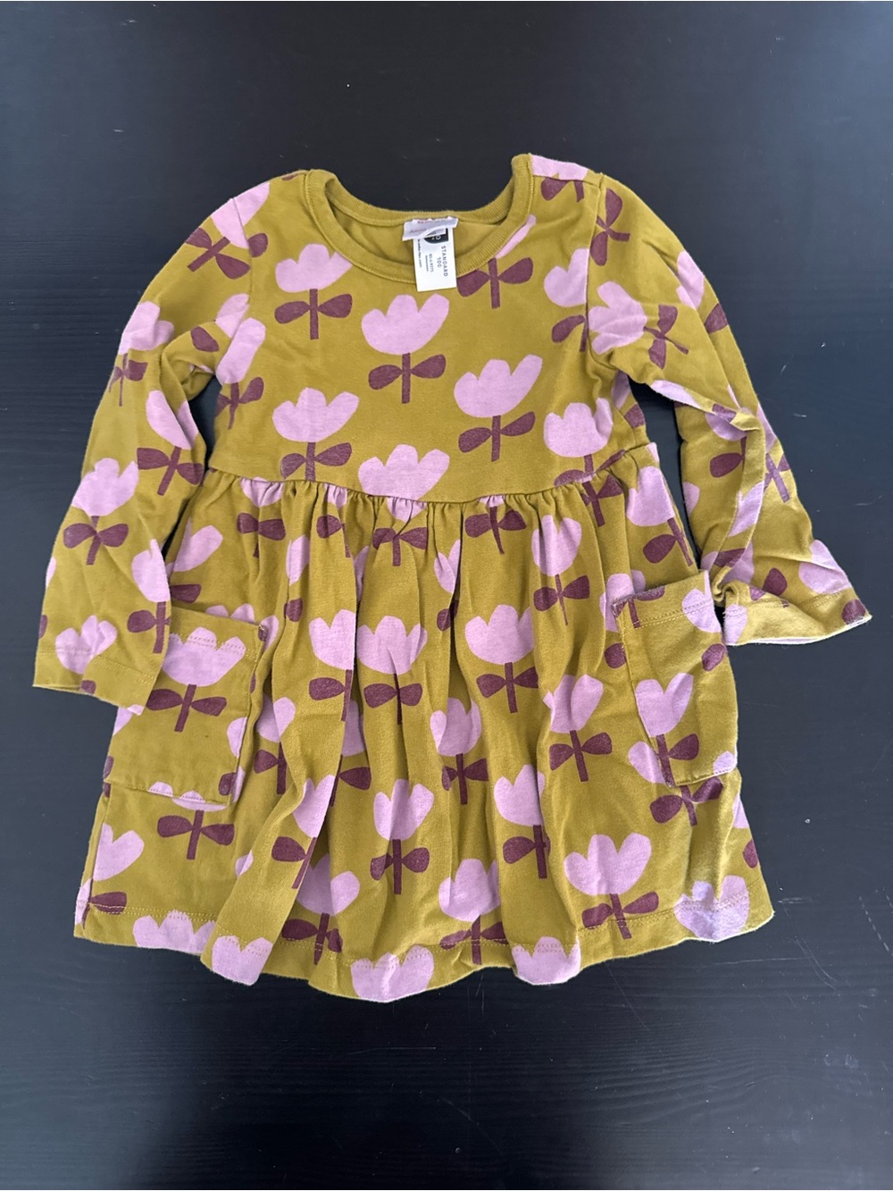Hanna Andersson Olive Green Dress with Pink Flower Print